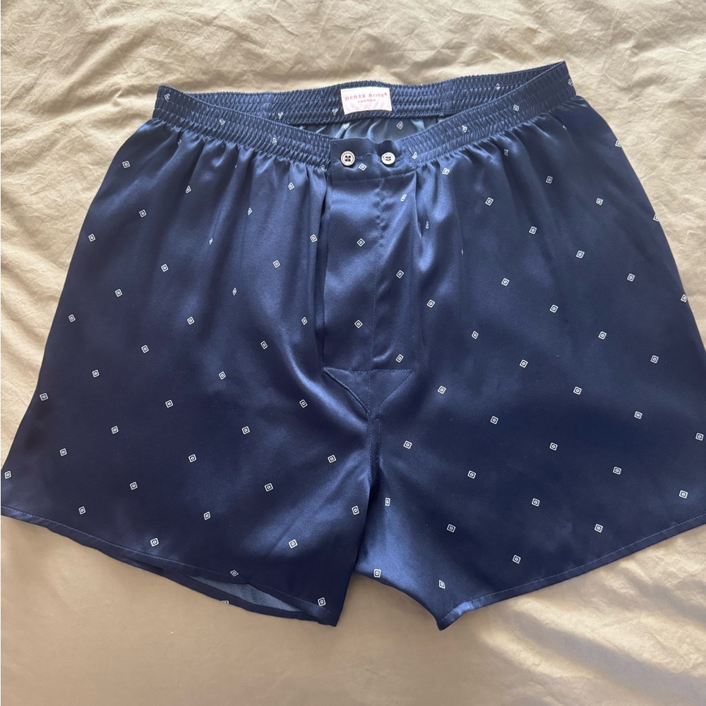Brand new without tags Derek Rose 100% silk navy blue patterned Boxers size M